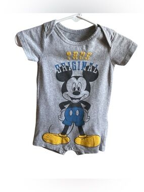Mickey Mouse Gray Short-Sleeve One-Piece Romper - Like New - Size 0-3 mo.